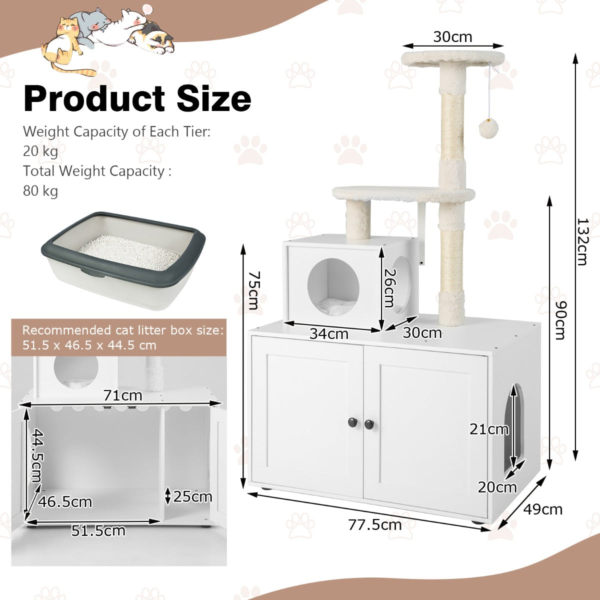 NNECW 2-in-1 Cat Tree with Litter Box Enclosure &amp;amp; Sisal Scratching Posts-White