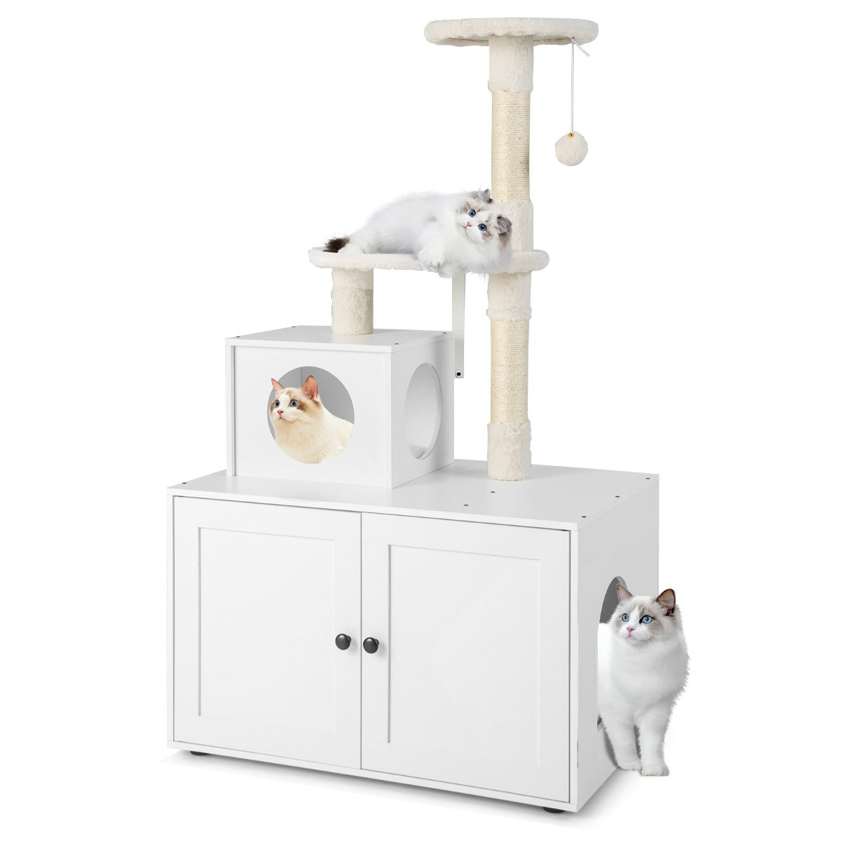 NNECW 2-in-1 Cat Tree with Litter Box Enclosure &amp;amp; Sisal Scratching Posts-White