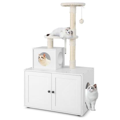 NNECW 2-in-1 Cat Tree with Litter Box Enclosure &amp;amp; Sisal Scratching Posts-White