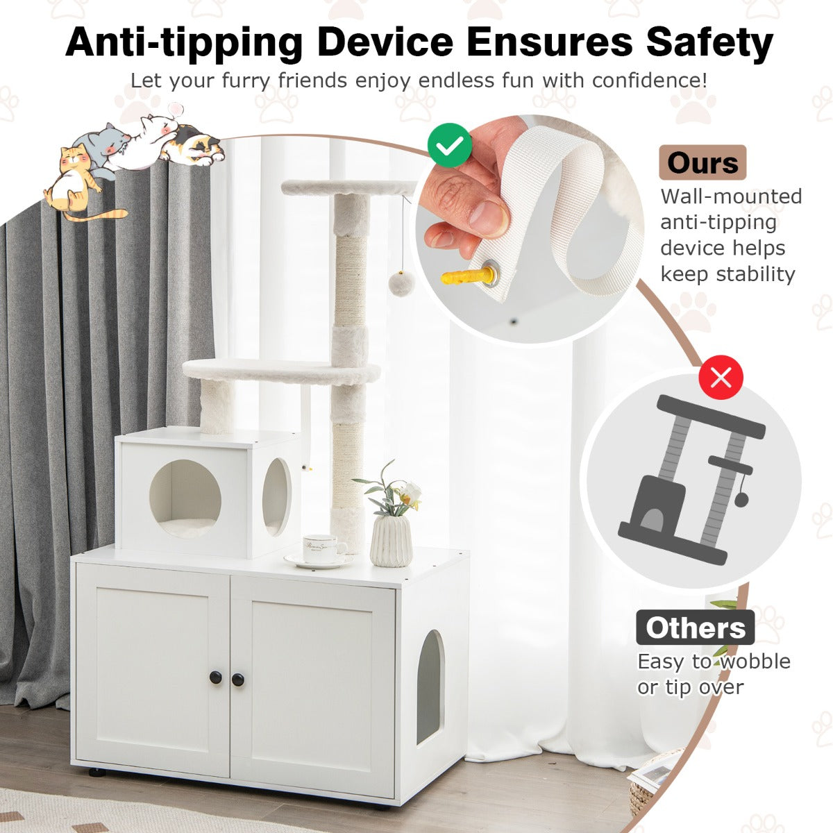 NNECW 2-in-1 Cat Tree with Litter Box Enclosure &amp;amp; Sisal Scratching Posts-White