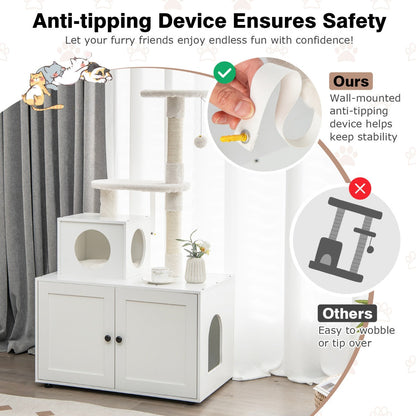 NNECW 2-in-1 Cat Tree with Litter Box Enclosure &amp;amp; Sisal Scratching Posts-White